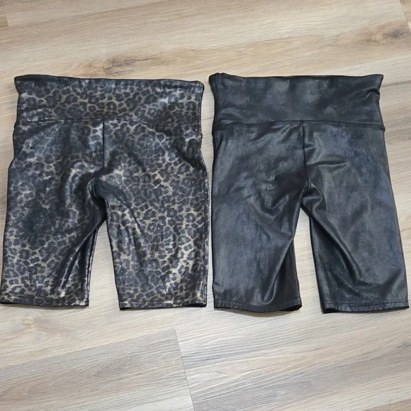 Spanx 2 Pair Black and Leopard Faux Leather Biker Shorts - Picture 2 of 15